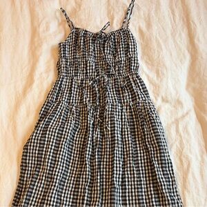 Black & White Gingham Midi Dress - Strapless Smocked Waist